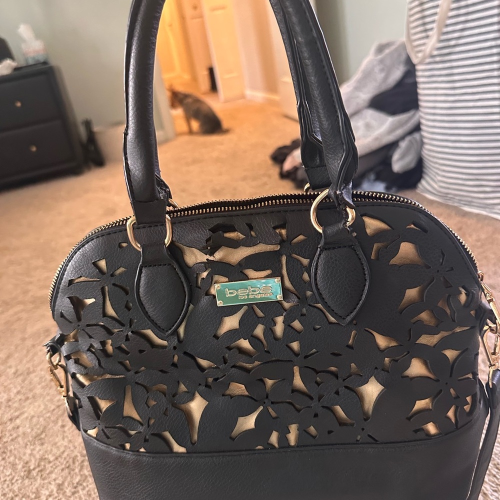 Bebe Black Satchel with Gold Accents